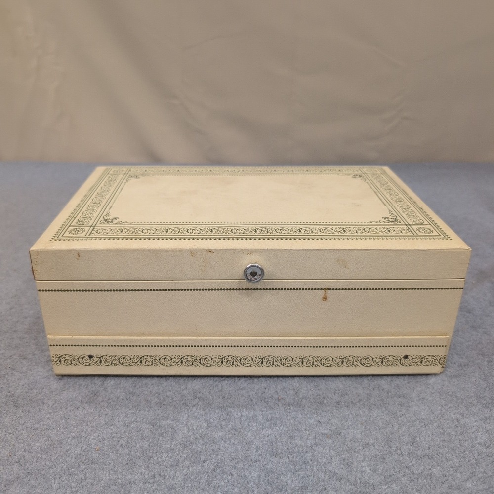 Vintage Cream Faux Leather Multi Tier Jewelry Box Red Velvet Lining Filigree